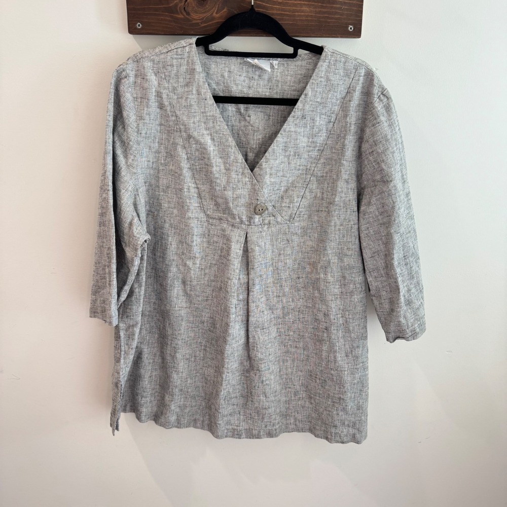 Hot‎ Cotton Woman Grey Linen Blend Lurex Shimmer V-Neck Tunic Top Plus Size 2X